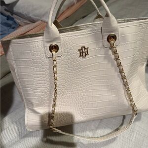 Chic Cream Croc-Embossed Tote Bag with Gold Accents
